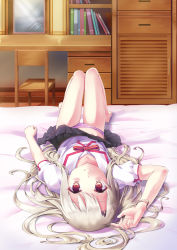 Rule 34 | 1girl, absurdres, barefoot, black skirt, blonde hair, chair, clothes lift, collarbone, commentary, fate/kaleid liner prisma illya, fate (series), female focus, hair spread out, highres, homurahara academy school uniform, illyasviel von einzbern, indoors, kaclr, long hair, looking at viewer, lying, on back, on bed, panties, pleated skirt, puffy short sleeves, puffy sleeves, red eyes, school uniform, short sleeves, skirt, skirt lift, smile, solo, striped clothes, striped panties, underwear, upside-down