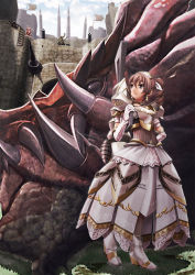 Rule 34 | 1girl, armor, brown hair, capcom, castle, dragon, dress, drill hair, earrings, elbow gloves, gloves, highres, jewelry, lao-shan lung, monster hunter (series), solo, twintails, v-mag