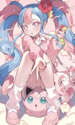 Rule 34 | blush, bull sprite (pokemon), cardigan, cellphone, choker, clefairy sprite (pokemon), creatures (company), earrings, fairy miku (project voltage), flower, game freak, gen 1 pokemon, hair flower, hair ornament, hatsune miku, heart, heart choker, highres, holding, holding phone, jewelry, jigglypuff, leg warmers, legs together, long hair, looking at viewer, multicolored hair, nail polish, nintendo, open mouth, phone, pink cardigan, pink footwear, pokemon, pokemon (creature), project voltage, scrunchie, shibainu, sitting, twintails, two-tone hair, v, very long hair, vocaloid, wrist scrunchie