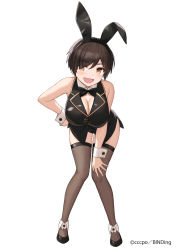 Rule 34 | 1girl, :d, animal ears, artist name, black bow, black bowtie, bow, bowtie, breasts, brown eyes, brown hair, cccpo, cleavage, fishnet thighhighs, fishnets, large breasts, leotard, looking at viewer, open mouth, original, playboy bunny, rabbit ears, short hair, smile, standing, thighhighs, tomboy, tomboy childhood friend (cccpo), traditional bowtie
