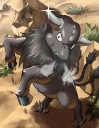 Rule 34 | black eyes, closed mouth, commentary request, creatures (company), day, game freak, highres, horns, jira (ziraiya26), nintendo, no humans, outdoors, paldean tauros, paldean tauros (combat breed), plant, pokemon, pokemon (creature), rock, sand, solo