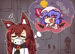 Rule 34 | 2girls, :d, = =, animal ear fluff, animal ears, bat wings, blue hair, brooch, brown hair, chibi, closed eyes, cloud, commentary, dress, fang, full moon, hair between eyes, hand up, hat, hat ribbon, imaizumi kagerou, jewelry, long hair, looking at viewer, mask, mob cap, moon, mouth mask, multiple girls, ojou-sama pose, open mouth, outline, pink dress, pink headwear, red eyes, red ribbon, remilia scarlet, ribbon, short hair, smile, squiggle, thought bubble, touhou, upper body, white dress, white outline, wings, wolf ears, wool (miwol), wrist cuffs