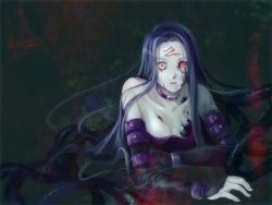 Rule 34 | 00s, 1girl, black hair, blood, blood on face, dress, fate/stay night, fate (series), female focus, long hair, medusa (fate), medusa (rider) (fate), multicolored eyes, solo, square pupils, strapless, strapless dress
