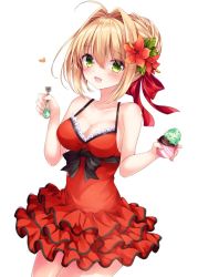 Rule 34 | 1girl, ahoge, black ribbon, blonde hair, blush, breasts, chocolate, cleavage, dress, fate (series), flower, food, green eyes, hair flower, hair intakes, hair ornament, hair ribbon, heart, holding, holding spoon, ice cream, layered dress, looking at viewer, medium breasts, multiple girls, nero claudius (fate), nero claudius (fate) (all), nero claudius (fate/extra), nero claudius (swimsuit caster) (fate), nogi takayoshi, official alternate costume, open mouth, red dress, red flower, red ribbon, ribbon, sideboob, simple background, smile, solo, spoon, standing, white background