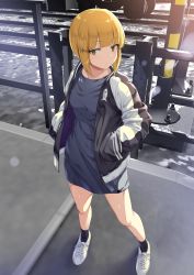 Rule 34 | 1girl, bare legs, black dress, black jacket, black socks, blonde hair, breasts, closed mouth, collarbone, commentary request, cutlass (girls und panzer), day, dress, expressionless, full body, girls und panzer, green eyes, hands in pockets, highres, icomochi, jacket, long sleeves, looking at viewer, open clothes, open jacket, outdoors, shoes, short hair, small breasts, sneakers, socks, solo, standing, sunlight, thighs, white footwear