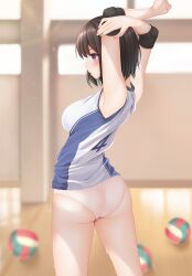 Rule 34 | 1girl, armpits, arms up, ass, ball, blue eyes, blue shorts, blurry, blurry background, breasts, brown hair, elbow pads, elbow sleeve, female focus, gym shorts, highres, indoors, knee pads, large breasts, minato ojitan, original, panties, shirt, shorts, sleeveless, sleeveless shirt, solo, sportswear, stretching, underwear, volleyball (object), volleyball uniform, white panties