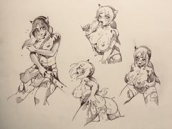 Rule 34 | 1girl, alice (bendy and the ink machine), allison (bendy and the ink machine), bendy and the ink machine, bottomless, breasts, cum, cum on body, cum on breasts, cum on upper body, horns, monochrome, nipples, one eye closed, sex, single horn, twistedterra, uncensored, wink