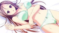 Rule 34 | 1girl, bed, blush, bra, breasts, brown hair, long hair, lying, midriff, natsukon, navel, on back, on bed, open mouth, panties, pussy juice, red eyes, solo, sweat, tears, underwear