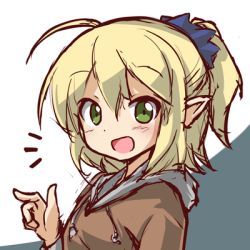 Rule 34 | 1girl, blonde hair, blush, green eyes, looking at viewer, lowres, mizuhashi parsee, open mouth, pointy ears, ryogo, short hair, smile, solo, touhou