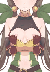 Rule 34 | 1girl, ayumi (princess connect!), blush, breasts, brown hair, elf, female focus, highres, long hair, morisobo, nipples, no bra, pointy ears, princess connect!, simple background, small breasts, solo, twintails