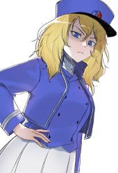 Rule 34 | 1girl, bad id, bad pixiv id, bc freedom (emblem), bc freedom military uniform, blonde hair, blue eyes, blue hat, blue jacket, blue vest, closed mouth, dress shirt, dutch angle, emblem, frown, girls und panzer, girls und panzer saishuushou, hand on own hip, hat, high collar, jacket, kepi, long sleeves, looking at viewer, medium hair, messy hair, military, military hat, military uniform, oshida (girls und panzer), pleated skirt, shirt, skirt, solo, standing, thym (pruj7878), uniform, vest, white shirt, white skirt