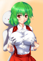 Rule 34 | 1girl, blush, breasts, buttons, female focus, from behind, grabbing, grabbing another&#039;s breast, grabbing another's breast, green hair, guided breast grab, guiding hand, heart, kazami yuuka, large breasts, nishiumi yuuta, red eyes, simple background, smile, solo focus, touhou, wavy hair