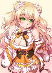 Rule 34 | 1girl, bare shoulders, blush, bow, bowtie, breasts, cleavage cutout, clothing cutout, commentary, cowboy shot, double bun, english commentary, frills, gradient hair, green eyes, hair bun, highres, hololive, jacket, large breasts, long hair, looking at viewer, mazume, momosuzu nene, multicolored hair, off shoulder, open mouth, pink hair, simple background, sketch, solo, very long hair, virtual youtuber, wavy hair