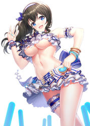 Rule 34 | 1girl, :d, bangle, bare shoulders, black hair, blue bow, blue eyes, blue nails, blue ribbon, blush, bow, bracelet, breasts, collarbone, commentary request, crop top, fingernails, glowstick, hair ribbon, hairband, hand on own hip, hand up, heart, highres, idolmaster, idolmaster cinderella girls, idolmaster cinderella girls starlight stage, jewelry, large breasts, long hair, looking at viewer, nail polish, navel, one side up, open mouth, pleated skirt, ribbon, ririko (zhuoyandesailaer), sagisawa fumika, simple background, single wrist cuff, skirt, smile, solo, standing, star (symbol), underboob, w, white background, white hairband, white skirt, wrist cuffs