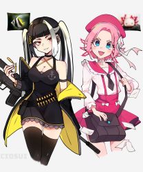 Rule 34 | 2girls, artist name, bag, black hair, black necktie, blue eyes, blush, breasts, ciosuii, cleavage, grin, gun, handbag, highres, holding, holding gun, holding weapon, large breasts, long hair, looking at viewer, multicolored hair, multiple girls, necktie, original, parted lips, personification, pink hair, red eyes, short hair, smile, teeth, tropical fish, twintails, weapon, white hair
