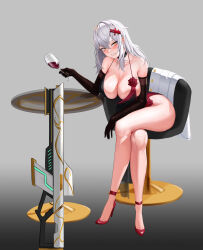 Rule 34 | 1girl, absurdres, alcohol, black choker, black gloves, blush, breasts, choker, cleavage, cup, dress, drinking glass, elbow gloves, frown, gloves, goddess of victory: nikke, gun, highres, large breasts, light y, sitting, solo, teeth, weapon, white hair, wine, wine glass, yulha (nikke)