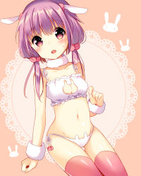 Rule 34 | 1girl, :o, adapted costume, alternate costume, animal cutout, animal ears, arm at side, bell, blush, breasts, cat cutout, cat ear panties, cat lingerie, chibi, chibi inset, choker, cleavage cutout, clothing cutout, collarbone, cowboy shot, detached collar, eyebrows, fake animal ears, frills, fur trim, hair bobbles, hair ornament, ikari (aor3507), jingle bell, lace background, looking at viewer, meme attire, navel, neck bell, panties, parody, pink thighhighs, purple eyes, purple hair, rabbit, rabbit cutout, rabbit ear panties, rabbit ears, rabbit lingerie, short hair with long locks, side-tie panties, solo, stomach, sweat, thigh gap, thighhighs, underwear, underwear only, vocaloid, voiceroid, white panties, wrist cuffs, yuzuki yukari