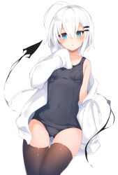 Rule 34 | 1girl, ahoge, black one-piece swimsuit, black thighhighs, blue eyes, breasts, commentary, demon tail, drawstring, gluteal fold, hair between eyes, hair ornament, hairclip, hand on own chest, highres, hood, hoodie, long sleeves, looking at viewer, off shoulder, one-piece swimsuit, open clothes, open hoodie, original, otokuyou, parted lips, ringo-chan (otokuyou), school swimsuit, short hair, simple background, sleeves past fingers, sleeves past wrists, small breasts, solo, swimsuit, tail, thigh gap, thighhighs, white background, white hair, white hoodie