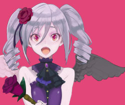 Rule 34 | 10s, 1girl, :d, asymmetrical wings, bad id, bad pixiv id, black wings, curly hair, drill hair, feathered wings, flower, frills, gothic lolita, hair between eyes, hair flower, hair ornament, hair ribbon, idolmaster, idolmaster cinderella girls, kanzaki ranko, lolita fashion, looking at viewer, open mouth, pink background, red eyes, ribbon, rose, silver hair, simple background, smile, solo, sparkle, sparkling eyes, twin drills, twintails, upper body, white wings, wide-eyed, wings, yuuki (irodo rhythm)