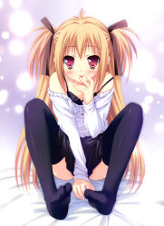Rule 34 | 1girl, :p, absurdres, black thighhighs, blonde hair, blush, camisole, feet, hair ornament, hair ribbon, highres, long hair, moekibara fumitake, off shoulder, red eyes, ribbon, scan, short twintails, sitting, skirt, solo, sweater, thighhighs, tongue, tongue out, twintails, very long hair