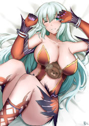 Rule 34 | 1girl, ahoge, aqua eyes, aqua hair, artemis (fate), artemis (third ascension) (fate), bare shoulders, breasts, cleavage, colorized, dress, elbow gloves, fate/grand order, fate (series), from above, gloves, impossible clothes, kakekcaboel, large breasts, long hair, looking at viewer, lying, on back, one eye closed, orion (bear) (fate), parted lips, sideboob, solo, stuffed animal, stuffed toy, teddy bear, thighs