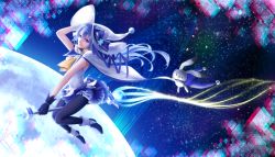 Rule 34 | 1girl, bad id, bad pixiv id, blue hair, blue pantyhose, bon nob, boots, broom, broom riding, hair ribbon, hand on own head, hat, hatsune miku, highres, long hair, moon, pantyhose, rabbit, ribbon, skirt, snowflakes, solo, space, star (symbol), vocaloid, witch, witch hat, yuki miku, yukine (vocaloid)