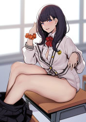 Rule 34 | 10s, 1girl, backlighting, black hair, black skirt, blue eyes, blush, breasts, cleavage, clothes pull, desk, evan yang, gridman universe, highres, hip focus, lifting own clothes, long hair, long sleeves, looking at viewer, medium breasts, open clothes, parted lips, pleated skirt, red neckwear, school desk, school uniform, scrunchie, sitting, skirt, skirt pull, smile, solo, ssss.gridman, sweater, swept bangs, takarada rikka, thighs, white sweater, window, wrist scrunchie