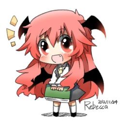 Rule 34 | 1girl, :d, artist name, bad id, bad twitter id, bat wings, book, chibi, dated, dress shirt, fang, head wings, holding, holding book, koakuma, long hair, long sleeves, low wings, lowres, necktie, open mouth, rebecca (keinelove), red eyes, red hair, shirt, signature, skirt, skirt set, smile, solo, touhou, very long hair, vest, wings
