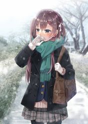 Rule 34 | 1girl, aqua scarf, bag, bare tree, black coat, black pantyhose, blazer, blue jacket, blurry, blush, bow, brown bow, brown hair, buttons, coat, commentary request, covering own mouth, cowboy shot, day, depth of field, embarrassed, enpera, fringe trim, frown, fur trim, gloves, grey skirt, hair between eyes, hair ornament, hair ribbon, hairclip, hand up, highres, jacket, long hair, long sleeves, looking away, miniskirt, nekozuki yuki, open clothes, open coat, original, outdoors, pantyhose, plaid, plaid skirt, pleated skirt, ribbon, road, scarf, shoulder bag, sidelocks, signature, skirt, sleeves past wrists, snowing, solo, standing, star (symbol), star hair ornament, sweater, tree, v-shaped eyebrows, white gloves, white ribbon, wing collar, winter, winter clothes