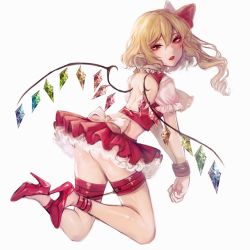 Rule 34 | 1girl, adapted costume, ass, blonde hair, bow, crystal, flandre scarlet, full body, grey background, hair between eyes, high heels, highres, kyogoku-uru, looking at viewer, miniskirt, pointy ears, puffy short sleeves, puffy sleeves, red bow, red eyes, red footwear, red ribbon, red skirt, red vest, ribbon, shoes, short sleeves, simple background, skirt, skirt set, smile, solo, thighs, touhou, vest, white background, wings, wrist cuffs