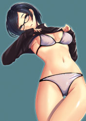 Rule 34 | 1girl, :q, aqua background, armpits, bikini, black hair, blue eyes, blush, breasts, cleavage, clothes lift, cowboy shot, crossed legs, glasses, green background, groin, half-closed eyes, head tilt, highres, kagematsuri, lifting own clothes, long sleeves, looking at viewer, medium breasts, original, short hair, simple background, smile, solo, sweater, sweater lift, swimsuit, thigh gap, tongue, tongue out, turtleneck, undressing, white bikini