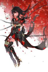 Rule 34 | 1girl, black dress, black footwear, boots, chain, closed mouth, dress, full body, gauntlets, gloves, highres, honkai (series), honkai impact 3rd, kanadome3, long hair, looking at viewer, petals, red eyes, red gloves, red hair, seele (alter ego), seele vollerei, seele vollerei (starchasm nyx), simple background, solo, thigh boots, thighhighs, white background