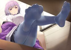 Rule 34 | 1girl, absurdres, black skirt, blue pantyhose, blush, bow, bowtie, breasts, closed mouth, eyelashes, feet, fine fabric emphasis, foot focus, foreshortening, from below, full body, gridman universe, highres, indoors, jacket, knees together feet apart, large breasts, legs, looking at viewer, mbr90munouk, medium hair, miniskirt, no shoes, off shoulder, pantyhose, pleated skirt, purple bow, purple bowtie, purple eyes, purple hair, purple jacket, shinjou akane, shirt, signature, sitting, skirt, soles, solo, spread toes, ssss.gridman, thighs, toes, twitter username, white shirt