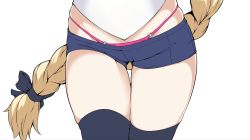 Rule 34 | 1girl, black thighhighs, blonde hair, braid, close-up, denim, denim shorts, fate/apocrypha, fate/grand order, fate (series), hair ribbon, halcon, head out of frame, highres, jeanne d&#039;arc (fate), jeanne d&#039;arc (girl from orleans) (fate), jeanne d&#039;arc (ruler) (fate), legs, long hair, panties, pink panties, ribbon, short shorts, shorts, skindentation, solo, thigh gap, thighhighs, thighs, thong, underwear, unfinished, very long hair, white background