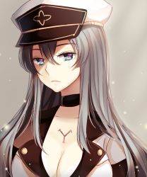 Rule 34 | 10s, 1girl, akame ga kill!, breasts, cleavage, esdeath, female focus, hat, large breasts, long hair, looking at viewer, peaked cap, silver background, silver hair, simple background, solo, yumyum