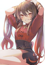 Rule 34 | 1girl, 7aka ne11, adjusting hair, alternate costume, arms up, black skirt, blush, brown hair, chinese clothes, dress, frilled skirt, frills, genshin impact, gradient hair, highres, hu tao (genshin impact), long hair, looking at viewer, multicolored hair, red dress, red eyes, short sleeves, sitting, skirt, smile, solo, symbol-shaped pupils, thighs, twintails, two-tone hair