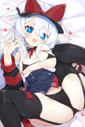 Rule 34 | 1girl, :d, animal ears, areola slip, bed sheet, bikini, bikini under clothes, black garter straps, black panties, black thighhighs, blue eyes, blue hair, blush, bow, commentary, eyes visible through hair, garter straps, hair between eyes, hat, hat bow, heart, highres, index finger raised, light blue hair, light blush, long hair, long sleeves, looking at viewer, lying, micro bikini, on back, open clothes, open mouth, original, panties, red bow, smile, solo, spread legs, string bikini, swimsuit, teranekosu, thighhighs, underwear
