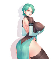 Rule 34 | 1girl, alternate breast size, aqua eyes, aqua hair, ass, back cutout, black dress, blue lips, bracelet, breast hold, breasts, butt crack, chinese commentary, clothing cutout, dark night (darkotl), dress, elbow gloves, four murasame, from side, gloves, green gloves, gundam, hair behind ear, highres, huge breasts, jewelry, parted lips, short hair, skin tight, solo, thighhighs, white background, zeta gundam