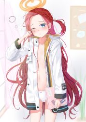 Rule 34 | 1girl, aomi one, blue archive, blurry, blurry background, blush, breasts, collarbone, commentary request, computer, forehead, halo, highres, jacket, laptop, long hair, looking at viewer, navel, open clothes, red hair, small breasts, solo, waking up, window, yuzu (blue archive)