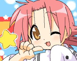 Rule 34 | 00s, 1girl, ;d, blush, brown eyes, finger to mouth, kogami akira, lowres, lucky star, minami juujisei, one eye closed, open mouth, pink hair, portrait, short hair, smile, solo, star (symbol), upper body