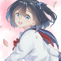 Rule 34 | 1girl, :d, black hair, blue bow, blue eyes, blue sailor collar, blush, bow, bowtie, commentary request, hair between eyes, hair bow, long sleeves, looking at viewer, looking to the side, one side up, open mouth, original, petals, red bow, red bowtie, sailor collar, school uniform, serafuku, shirt, smile, solo, suzunari shizuku, teeth, upper teeth only, white shirt, yuki arare
