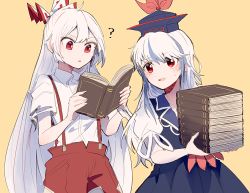 Rule 34 | 2girls, blue dress, blue headwear, book, bow, dress, feathers, fujiwara no mokou, hands up, hat, itomugi-kun, kamishirasawa keine, long hair, looking at viewer, medium hair, multicolored bow, multiple girls, open mouth, pants, reading, red eyes, red feathers, red neckwear, red pants, shirt, short sleeves, simple background, smile, touhou, white hair, white shirt, white sleeves, yellow background