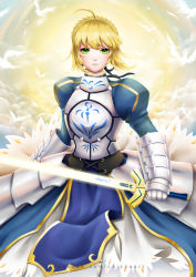 Rule 34 | 1girl, ahoge, armor, artoria pendragon (all), artoria pendragon (fate), blonde hair, blush, breasts, chizza, closed mouth, facebook username, fate/grand order, fate (series), green eyes, highres, holding, holding sword, holding weapon, looking at viewer, saber (fate), short hair, solo, sword, watermark, weapon, web address