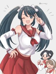 Rule 34 | 3girls, black eyes, black hair, commentary request, cowboy shot, detached sleeves, isuzu (kancolle), kantai collection, long hair, looking at viewer, multiple girls, nagara (kancolle), natori (kancolle), neckerchief, pleated skirt, red neckerchief, red sailor collar, red skirt, rin (rin niji), sailor collar, school uniform, serafuku, skirt, smile, solo focus, twintails