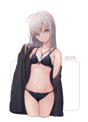 Rule 34 | 1girl, 2019, ahoge, bare shoulders, black bra, black jacket, black panties, blue eyes, bra, breasts, closed mouth, collarbone, cropped legs, hand up, head tilt, highres, jacket, jewelry, long hair, looking at viewer, navel, necklace, nekojira, off shoulder, open clothes, open jacket, original, panties, sidelocks, silver hair, small breasts, solo, stomach, underwear, white background