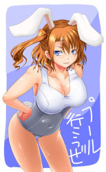 Rule 34 | 1girl, animal ears, blue eyes, breasts, brown hair, cleavage, earrings, hair ornament, hairclip, hands on own hips, huge breasts, jewelry, kazuhiro (tiramisu), large breasts, old school swimsuit, one-piece swimsuit, original, playboy bunny swimsuit, rabbit ears, rabbit tail, red hair, school swimsuit, shiny skin, shirt, side ponytail, solo, swimsuit, tail, taut clothes, taut shirt, wet, white one-piece swimsuit, white school swimsuit
