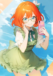 Rule 34 | 1girl, absurdres, artist name, back bow, blue background, blue eyes, blush, bob cut, bow, breasts, buttons, cellphone, closed mouth, cloud, cowboy shot, dress, drop shadow, female focus, flower, frilled dress, frilled shirt, frilled sleeves, frills, glasses, green-framed eyewear, green bow, green dress, green ribbon, hair flower, hair ornament, hand in own hair, hands up, happy, highres, holding, holding phone, light blush, looking at viewer, neck ribbon, orange hair, original, phone, pinafore dress, ribbon, shirt, short dress, short hair, short sleeves, sidelocks, sky, sleeveless, sleeveless dress, small breasts, smartphone, smile, solo, standing, star (symbol), suahh, twitter username, watermark, white flower, white shirt