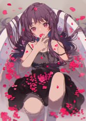 Rule 34 | 1girl, bare arms, bathtub, black dress, brown hair, closed mouth, collarbone, commentary request, dress, flat chest, flower, hand to own mouth, hand up, head tilt, highres, lips, long hair, looking at viewer, lying, mouth hold, nail polish, omutatsu, original, petals, petals on liquid, pink eyes, pink nails, purple eyes, purple hair, rose, sleeveless, solo, tareme, very long hair, water, wet, wet hair