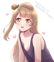 Rule 34 | 1girl, 2022, akihitohappy, black bow, blush, bow, breasts, brown eyes, cleavage, dated, downblouse, female focus, grey hair, hair bow, happy birthday, heart, highres, leaning forward, long hair, looking at viewer, love live!, love live! school idol project, medium breasts, minami kotori, no bra, open mouth, simple background, solo, tank top, upper body, white background