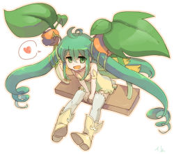 Rule 34 | 1girl, aasjet, alraune (p&amp;d), bad id, bad pixiv id, boots, child, full body, green hair, ineshumi, long hair, looking at viewer, monster girl, plant, plant girl, puzzle &amp; dragons, simple background, sitting, smile, solo, twintails, very long hair